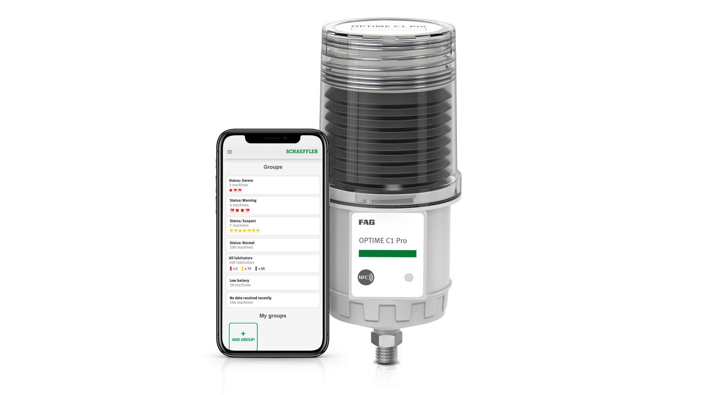 The new FAG OPTIME C1 Pro is the latest member of the smart lubricator product family. It features an electromechanical design. Via the OPTIME app, users can suspend lubricant dispensing during maintenance work. This helps avoid unnece (Image: Schaeffler