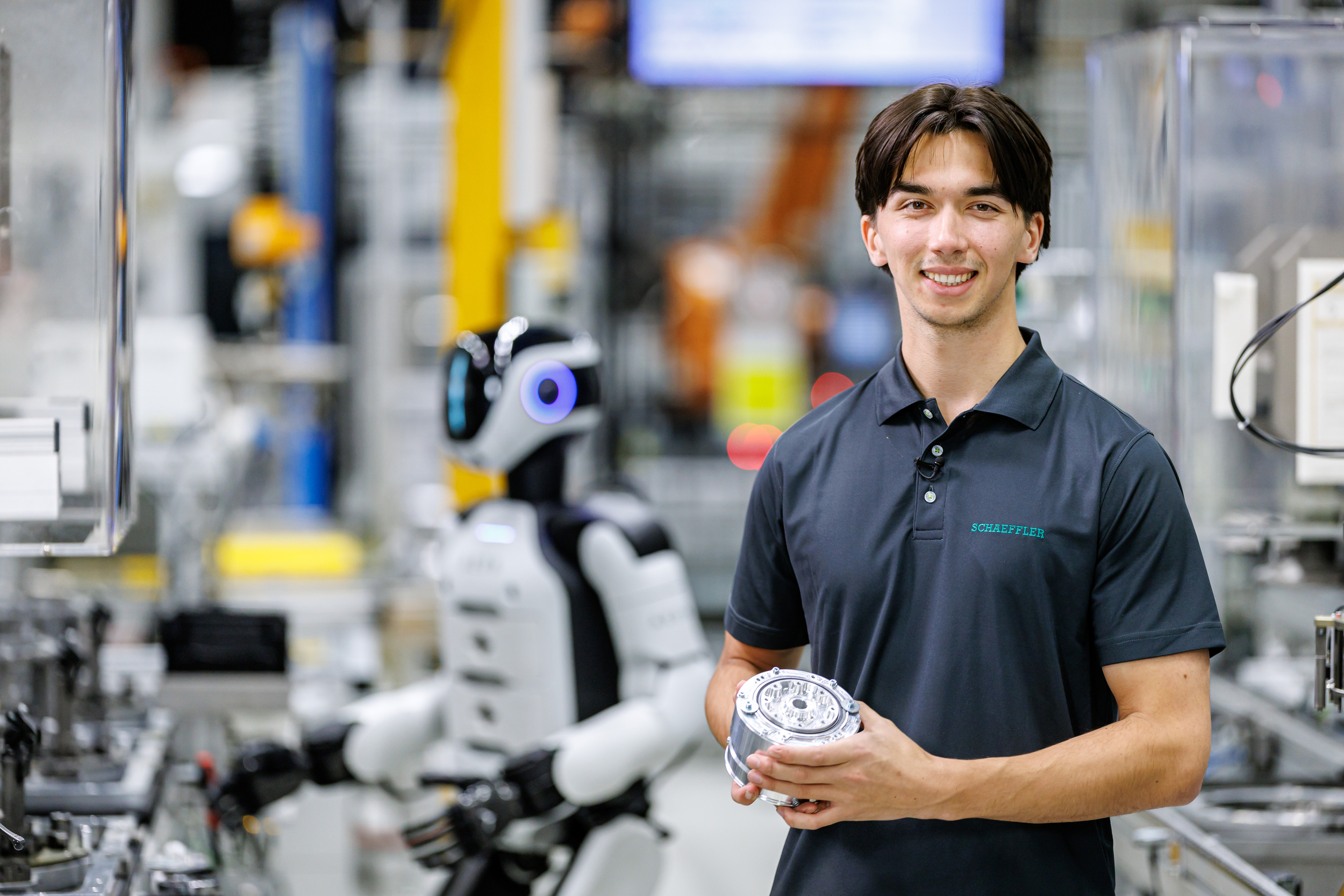 Hexagon AEON humanoid robot in a Schaeffler factory context